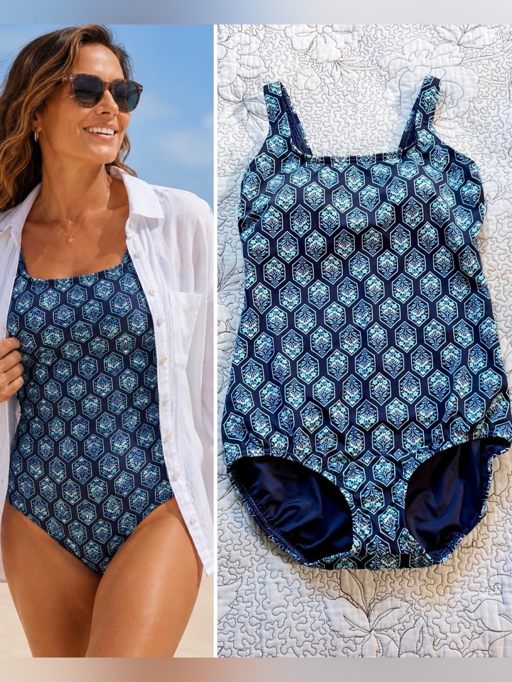NEW Lands’ End Blue Geometric Medallion Tummy Control One Piece Swimsuit Sz 10💚